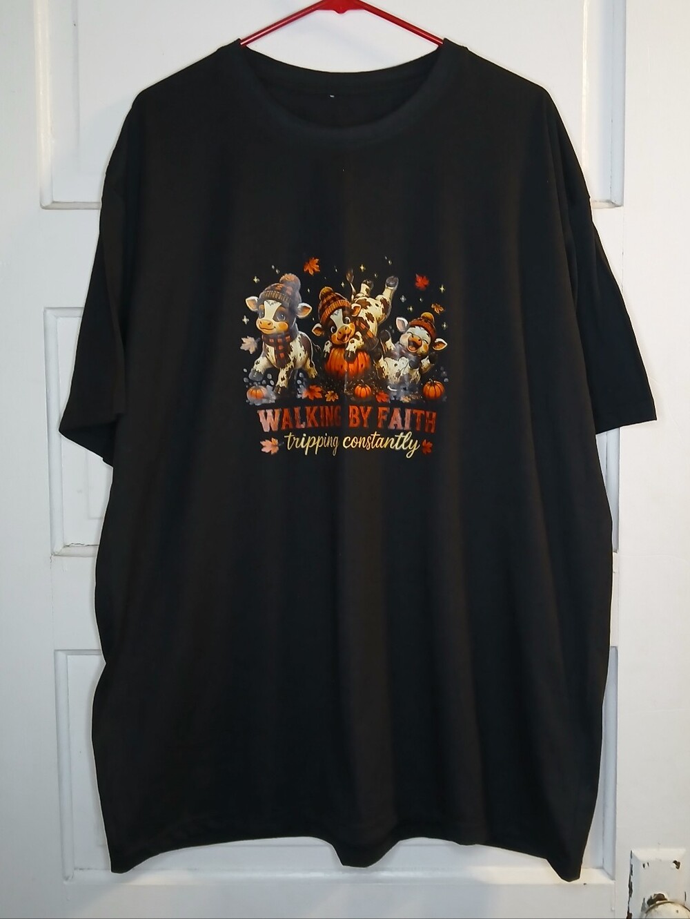 Walking By Faith Tripping Constantly Cow Pumpkin Fall T-Shirt 2XL Black